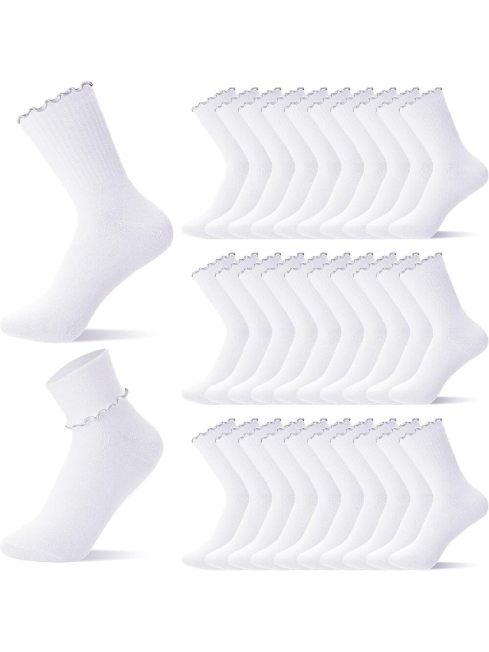 Ruffle Ankle Crew Socks for Women - Breathable Frilly White Bulk Pack